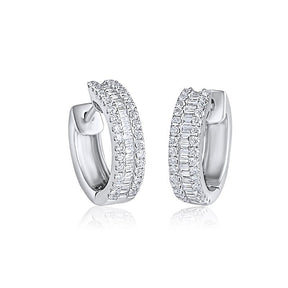 Three Row Baguette and Round Diamond Hoop Earrings 14k White Gold - Lord of Gem Rings
