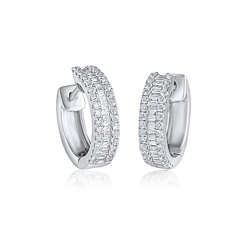 Three Row Baguette and Round Diamond Hoop Earrings 14k White Gold - Lord of Gem Rings