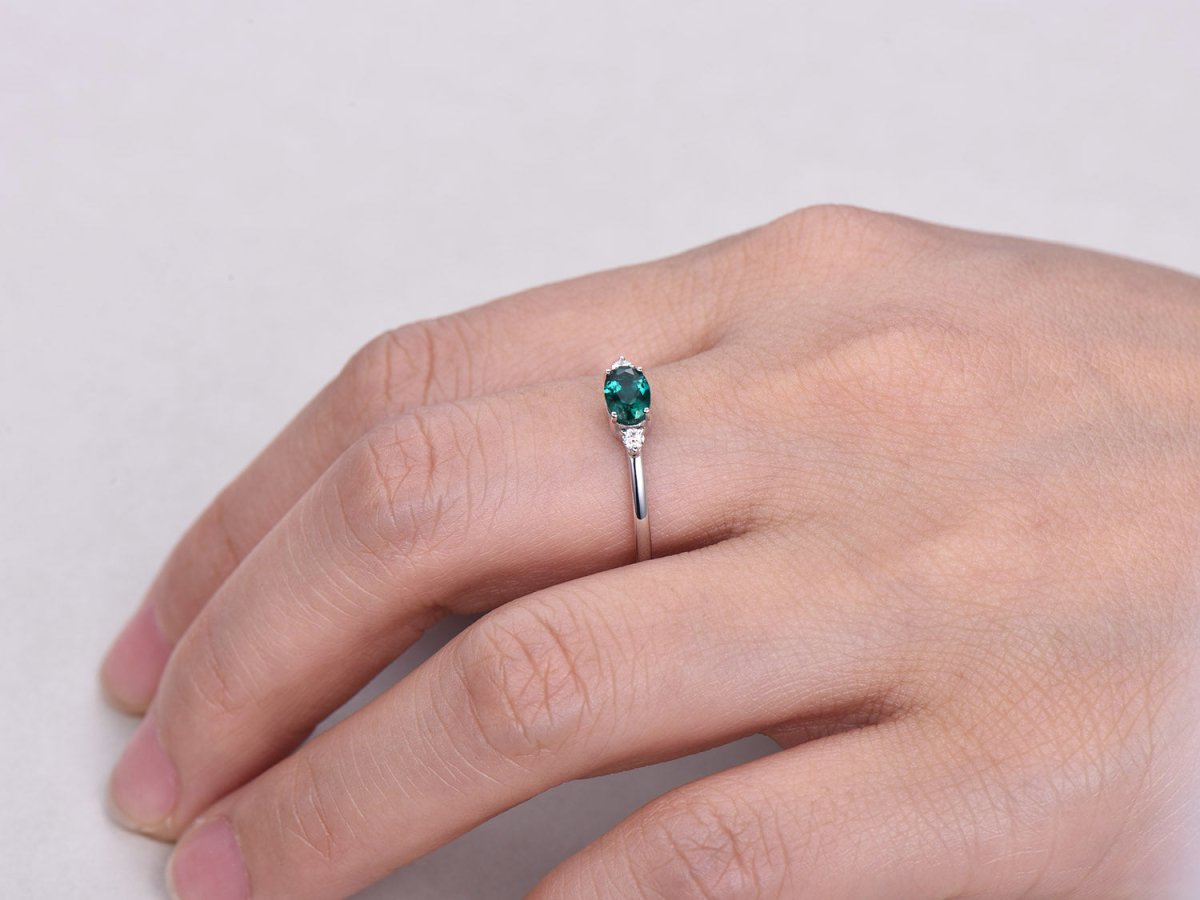 Three-Stone Dainty Oval Emerald Diamond Engagement Ring - Lord of Gem Rings
