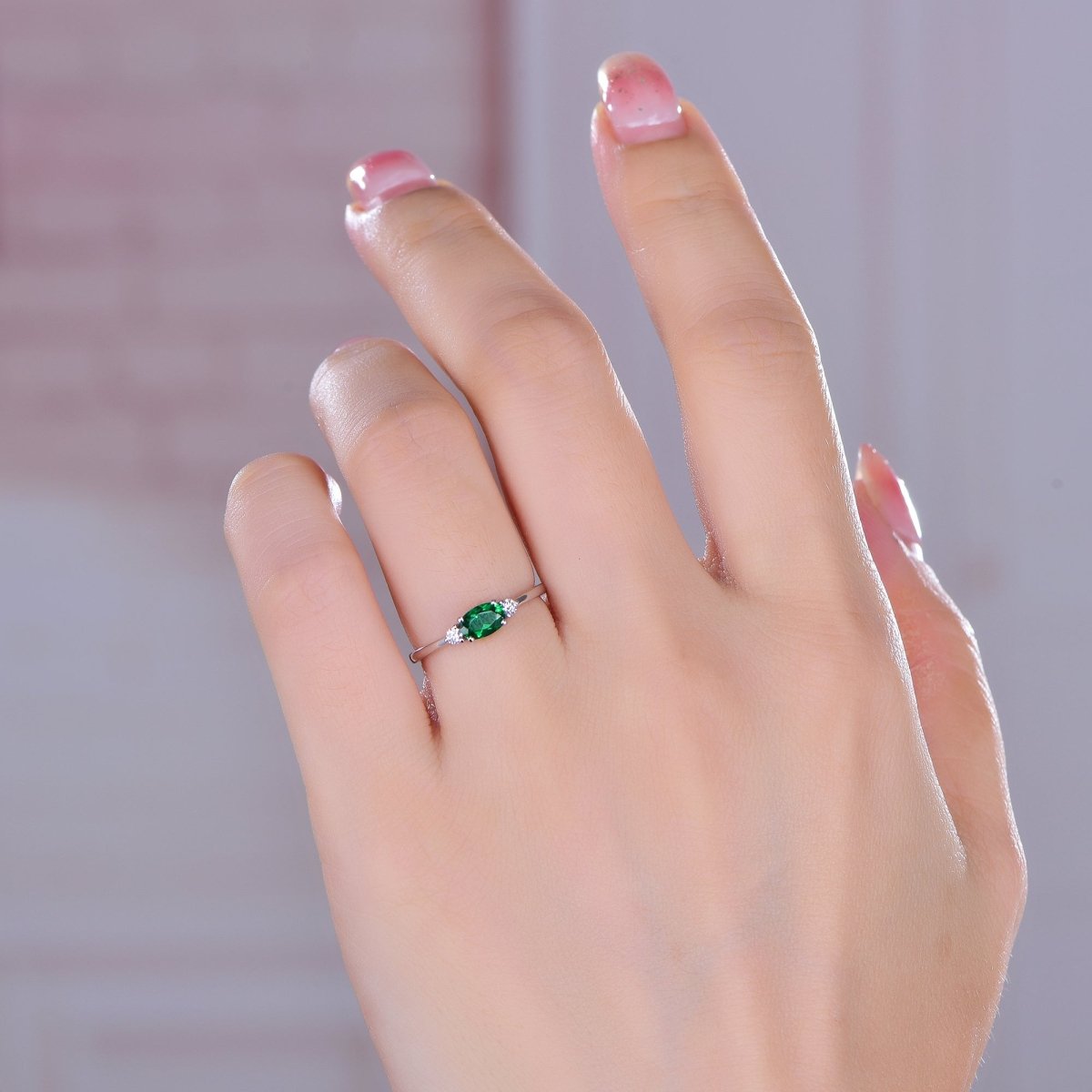 Three - Stone Dainty Oval Emerald Diamond Engagement Ring - Lord of Gem Rings