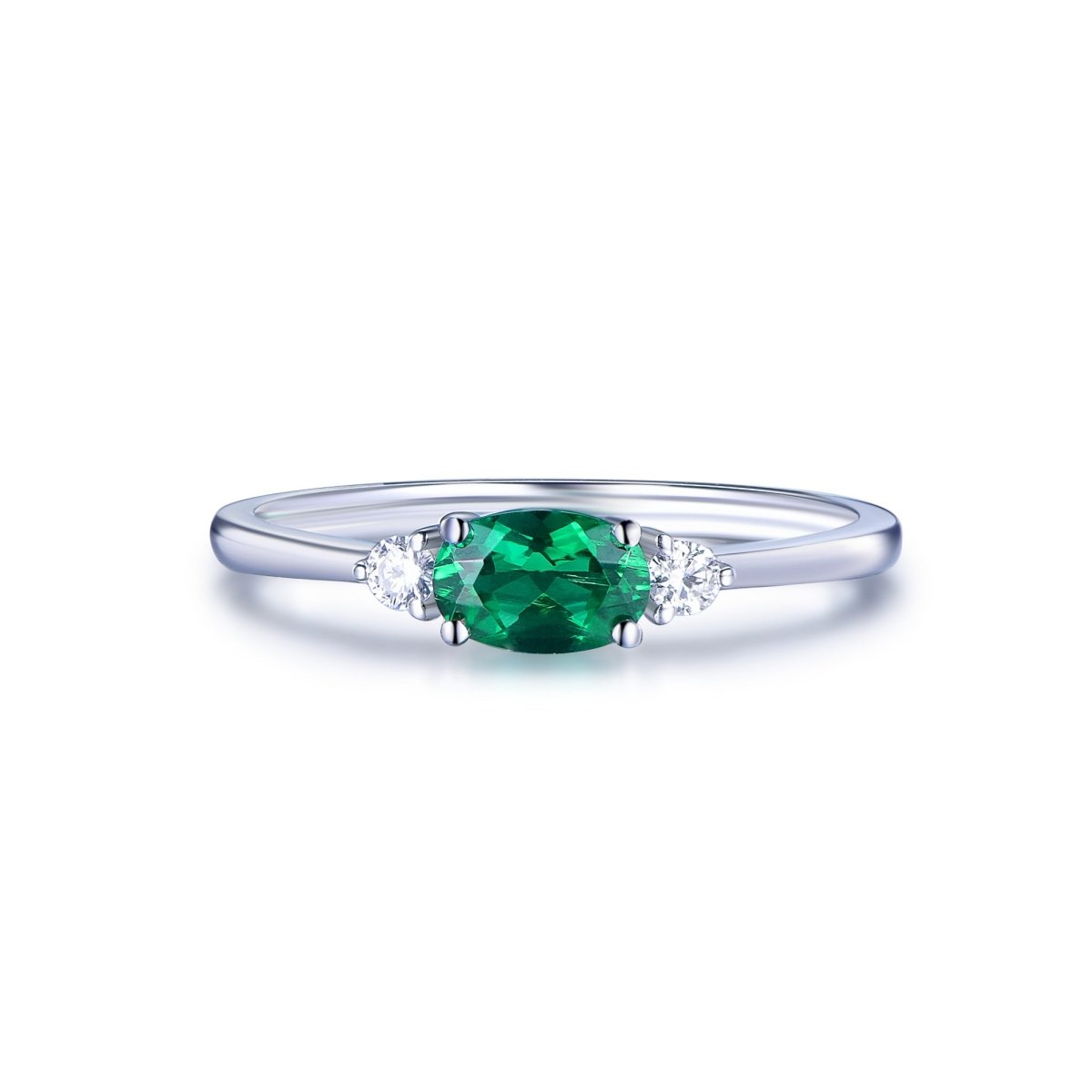 Three - Stone Dainty Oval Emerald Diamond Engagement Ring - Lord of Gem Rings
