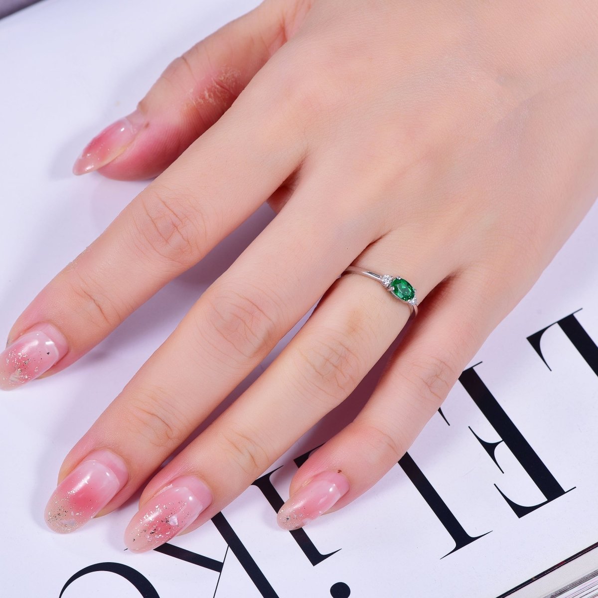 Three - Stone Dainty Oval Emerald Diamond Engagement Ring - Lord of Gem Rings
