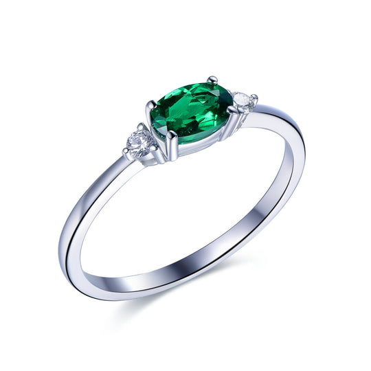 Three-Stone Dainty Oval Emerald Diamond Engagement Ring