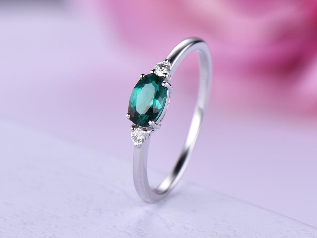 Three-Stone Dainty Oval Emerald Diamond Engagement Ring - Lord of Gem Rings