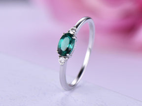 Three-Stone Dainty Oval Emerald Diamond Engagement Ring - Lord of Gem Rings