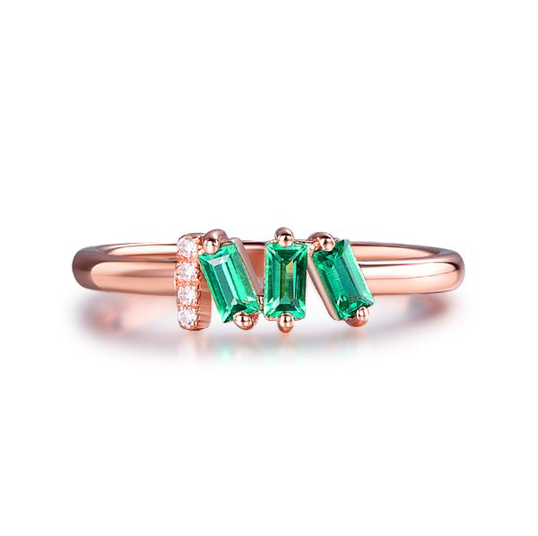 Three-Stone Emerald & Diamond May Birthstone Band Mother's Ring 14K Rose Gold - Lord of Gem Rings