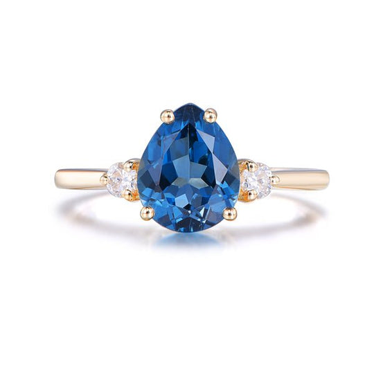 Three Stone London Blue Topaz Moissanite Ring 14K Yellow Gold