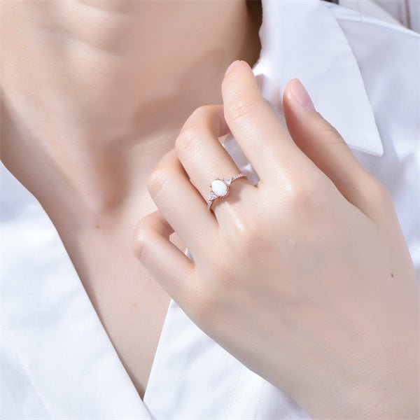 Three-Stone Milgrain Oval Africa Opal Trillion Moissanite Accent Ring - Lord of Gem Rings