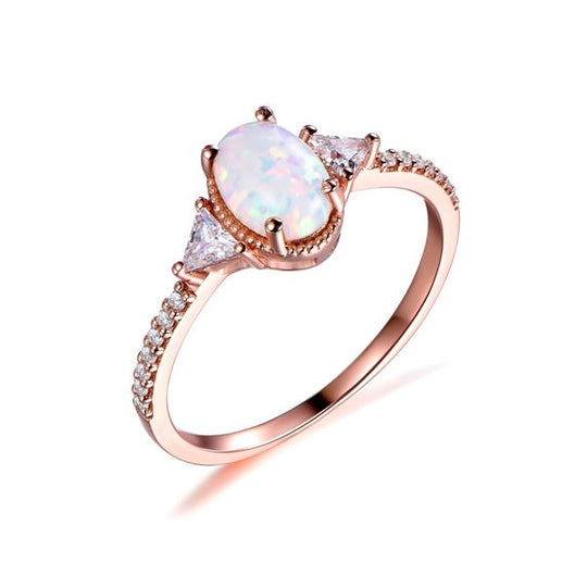 Three-Stone  Milgrain Oval Africa Opal Trillion Moissanite Accent Ring