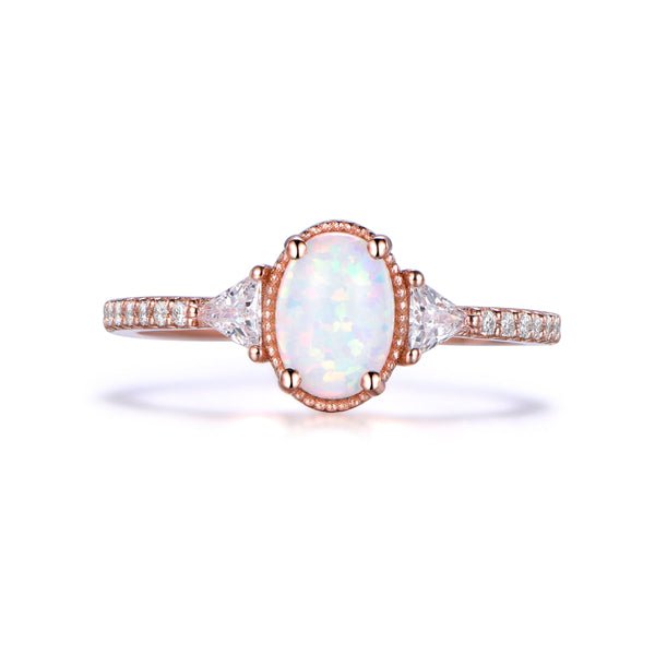 Three-Stone Milgrain Oval Africa Opal Trillion Moissanite Accent Ring - Lord of Gem Rings