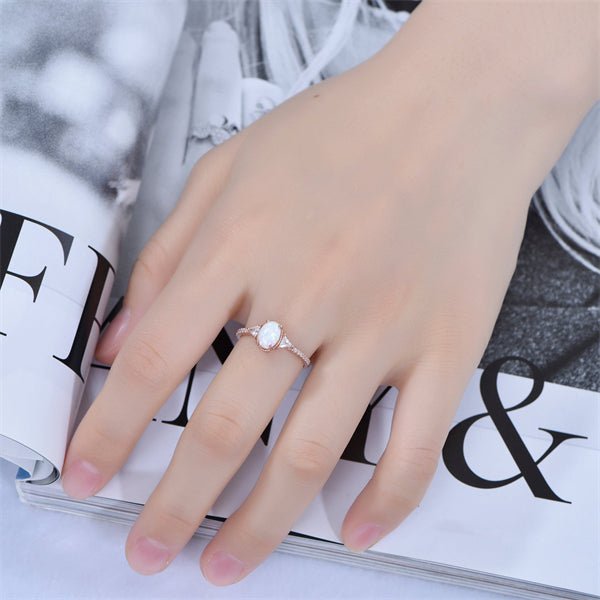 Three-Stone Milgrain Oval Africa Opal Trillion Moissanite Accent Ring - Lord of Gem Rings