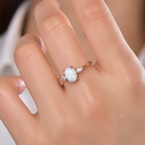 Three-Stone Oval Africa Opal Pear Moissanite Engagement Ring - Lord of Gem Rings