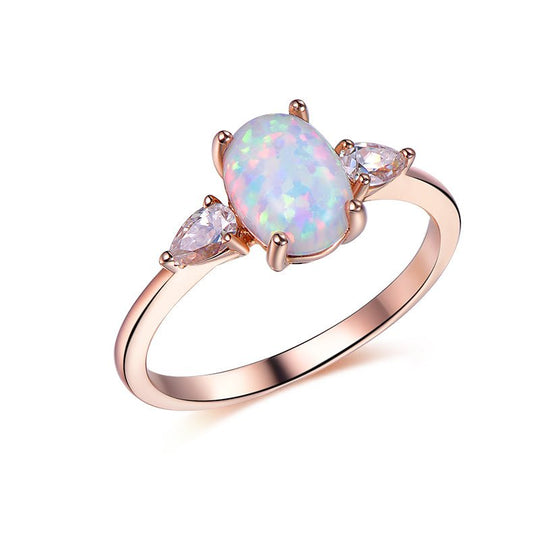 Three-Stone Oval Africa Opal Pear Moissanite Engagement Ring