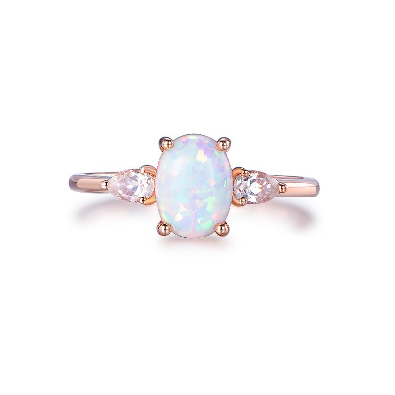 Three-Stone Oval Africa Opal Pear Moissanite Engagement Ring - Lord of Gem Rings