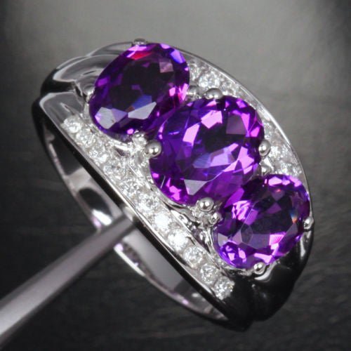 Three - Stone Oval Amethyst Diamond Wedding Ring 14K White Gold - Lord of Gem Rings