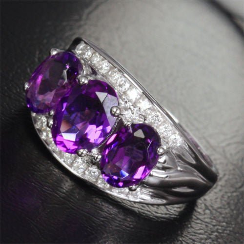 Three - Stone Oval Amethyst Diamond Wedding Ring 14K White Gold - Lord of Gem Rings