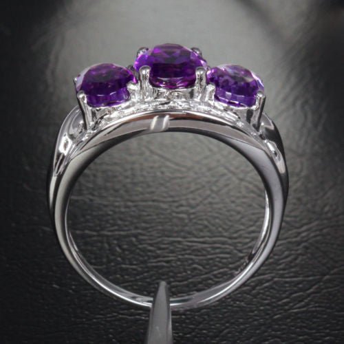 Three - Stone Oval Amethyst Diamond Wedding Ring 14K White Gold - Lord of Gem Rings