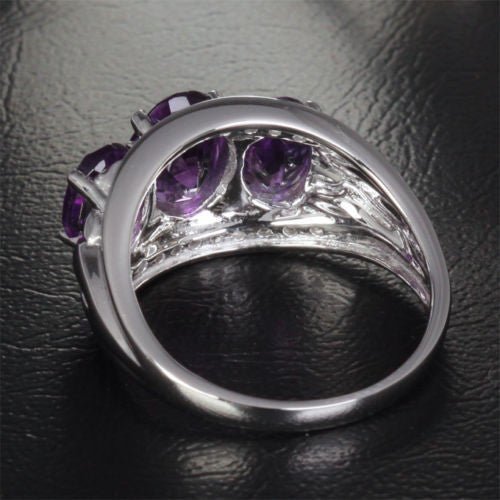Three - Stone Oval Amethyst Diamond Wedding Ring 14K White Gold - Lord of Gem Rings