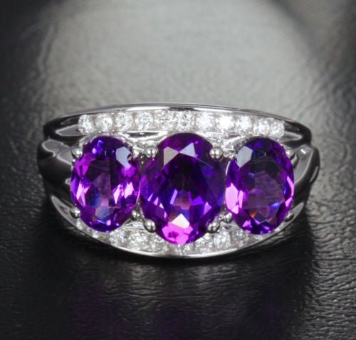 Three - Stone Oval Amethyst Diamond Wedding Ring 14K White Gold - Lord of Gem Rings