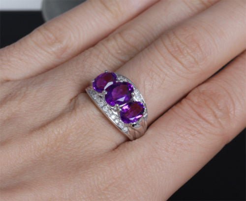 Three - Stone Oval Amethyst Diamond Wedding Ring 14K White Gold - Lord of Gem Rings