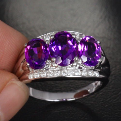 Three - Stone Oval Amethyst Diamond Wedding Ring 14K White Gold - Lord of Gem Rings
