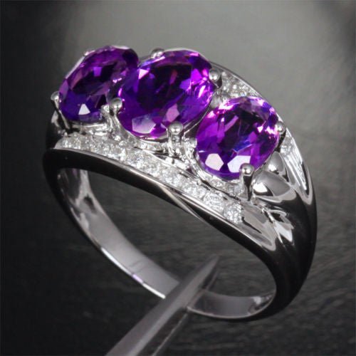 Three - Stone Oval Amethyst Diamond Wedding Ring 14K White Gold - Lord of Gem Rings