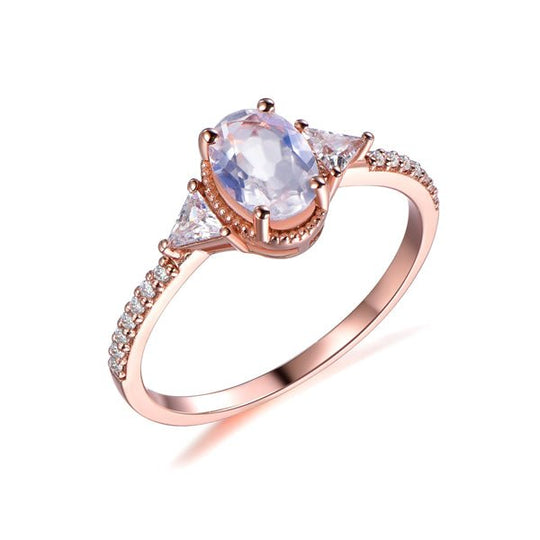 Three-Stone Oval Moonstone Trillion Moissanite Side Stones Milgrain Ring