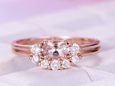 Three-Stone Oval Morganite Ring Dainty Accent Damonds Bridal Set - Lord of Gem Rings