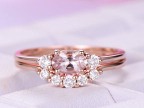Three-Stone Oval Morganite Ring Dainty Accent Damonds Bridal Set - Lord of Gem Rings