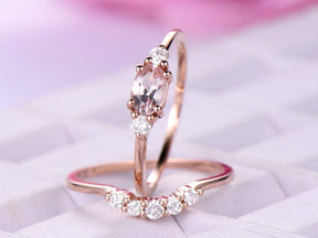 Three-Stone Oval Morganite Ring Dainty Accent Damonds Bridal Set - Lord of Gem Rings
