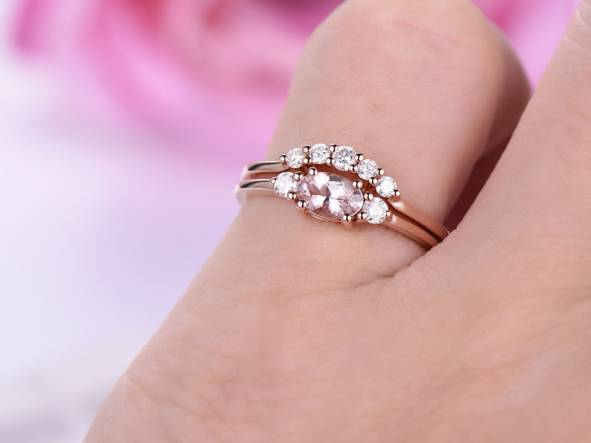 Three-Stone Oval Morganite Ring Dainty Accent Damonds Bridal Set - Lord of Gem Rings