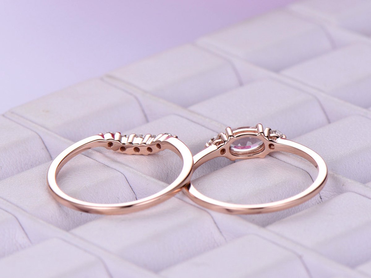 Three-Stone Oval Morganite Ring Dainty Accent Damonds Bridal Set - Lord of Gem Rings
