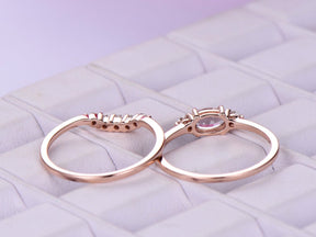Three-Stone Oval Morganite Ring Dainty Accent Damonds Bridal Set - Lord of Gem Rings