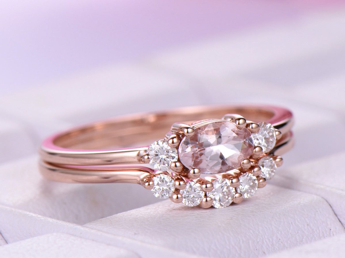 Three-Stone Oval Morganite Ring Dainty Accent Damonds Bridal Set - Lord of Gem Rings