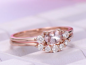 Three-Stone Oval Morganite Ring Dainty Accent Damonds Bridal Set - Lord of Gem Rings