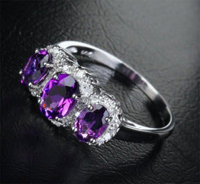 Three - Stone Oval Purple Amethyst Diamond Accents Ring 14k White Gold, Feb Birthstone, Mother's Ring - Lord of Gem Rings