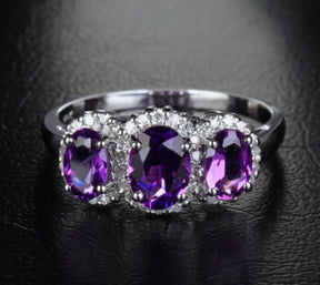 Three - Stone Oval Purple Amethyst Diamond Accents Ring 14k White Gold, Feb Birthstone, Mother's Ring - Lord of Gem Rings