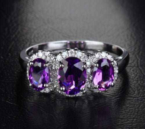 Three - Stone Oval Purple Amethyst Diamond Accents Ring 14k White Gold, Feb Birthstone, Mother's Ring - Lord of Gem Rings
