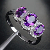 Three - Stone Oval Purple Amethyst Diamond Accents Ring 14k White Gold, Feb Birthstone, Mother's Ring - Lord of Gem Rings