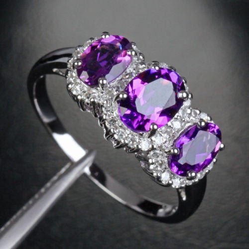Three-Stone Oval Purple Amethyst Diamond Accents Ring 14k White Gold, Feb Birthstone, Mother's Ring