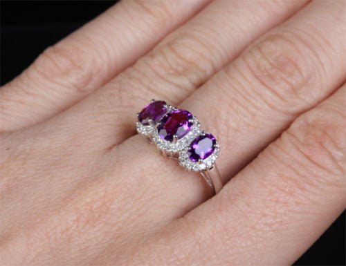 Three - Stone Oval Purple Amethyst Diamond Accents Ring 14k White Gold, Feb Birthstone, Mother's Ring - Lord of Gem Rings
