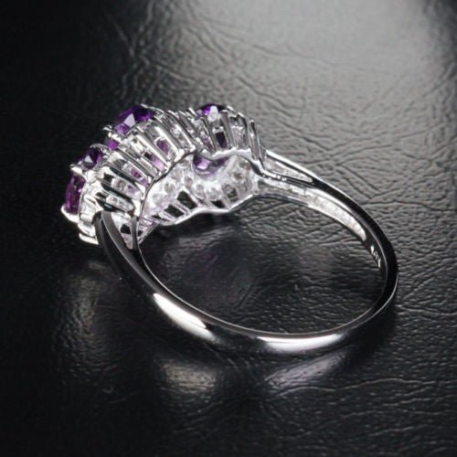 Three - Stone Oval Purple Amethyst Diamond Accents Ring 14k White Gold, Feb Birthstone, Mother's Ring - Lord of Gem Rings
