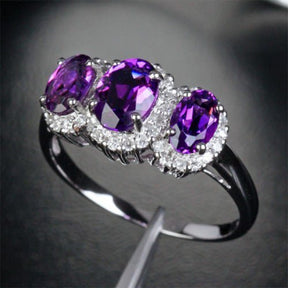 Three - Stone Oval Purple Amethyst Diamond Accents Ring 14k White Gold, Feb Birthstone, Mother's Ring - Lord of Gem Rings