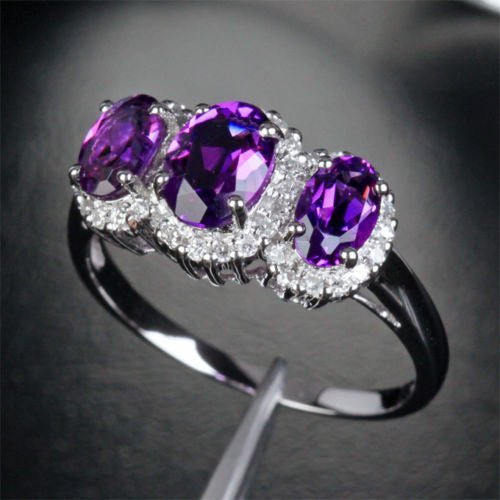 Three - Stone Oval Purple Amethyst Diamond Accents Ring 14k White Gold, Feb Birthstone, Mother's Ring - Lord of Gem Rings
