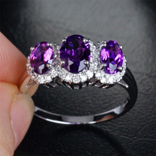 Three - Stone Oval Purple Amethyst Diamond Accents Ring 14k White Gold, Feb Birthstone, Mother's Ring - Lord of Gem Rings