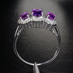 Three - Stone Oval Purple Amethyst Diamond Accents Ring 14k White Gold, Feb Birthstone, Mother's Ring - Lord of Gem Rings