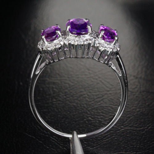Three - Stone Oval Purple Amethyst Diamond Accents Ring 14k White Gold, Feb Birthstone, Mother's Ring - Lord of Gem Rings