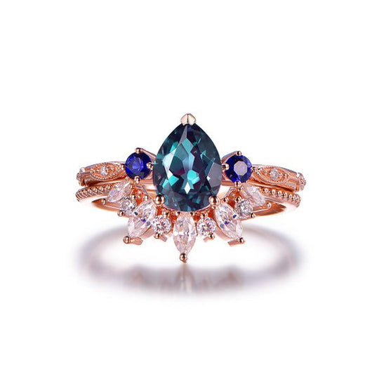 Three-Stone Pear Alexandrite Bridal Set Contour Moissanite Band