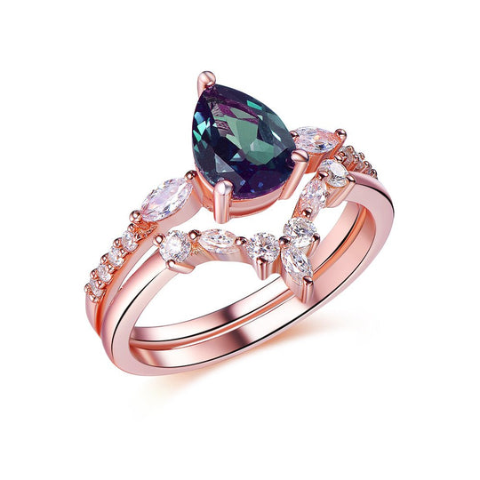 Three-Stone Pear Alexandrite Marquise Moissanite Bridal Set
