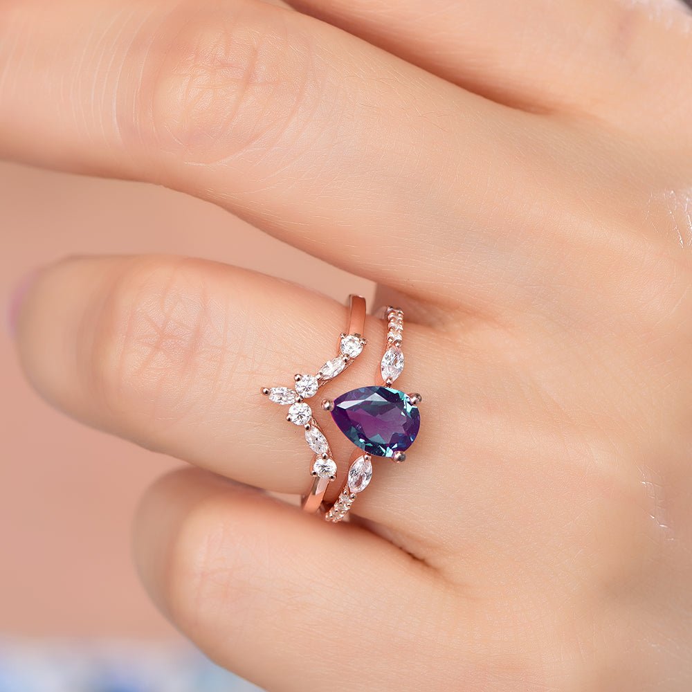 Three-Stone Pear Alexandrite Marquise Moissanite Bridal Set - Lord of Gem Rings